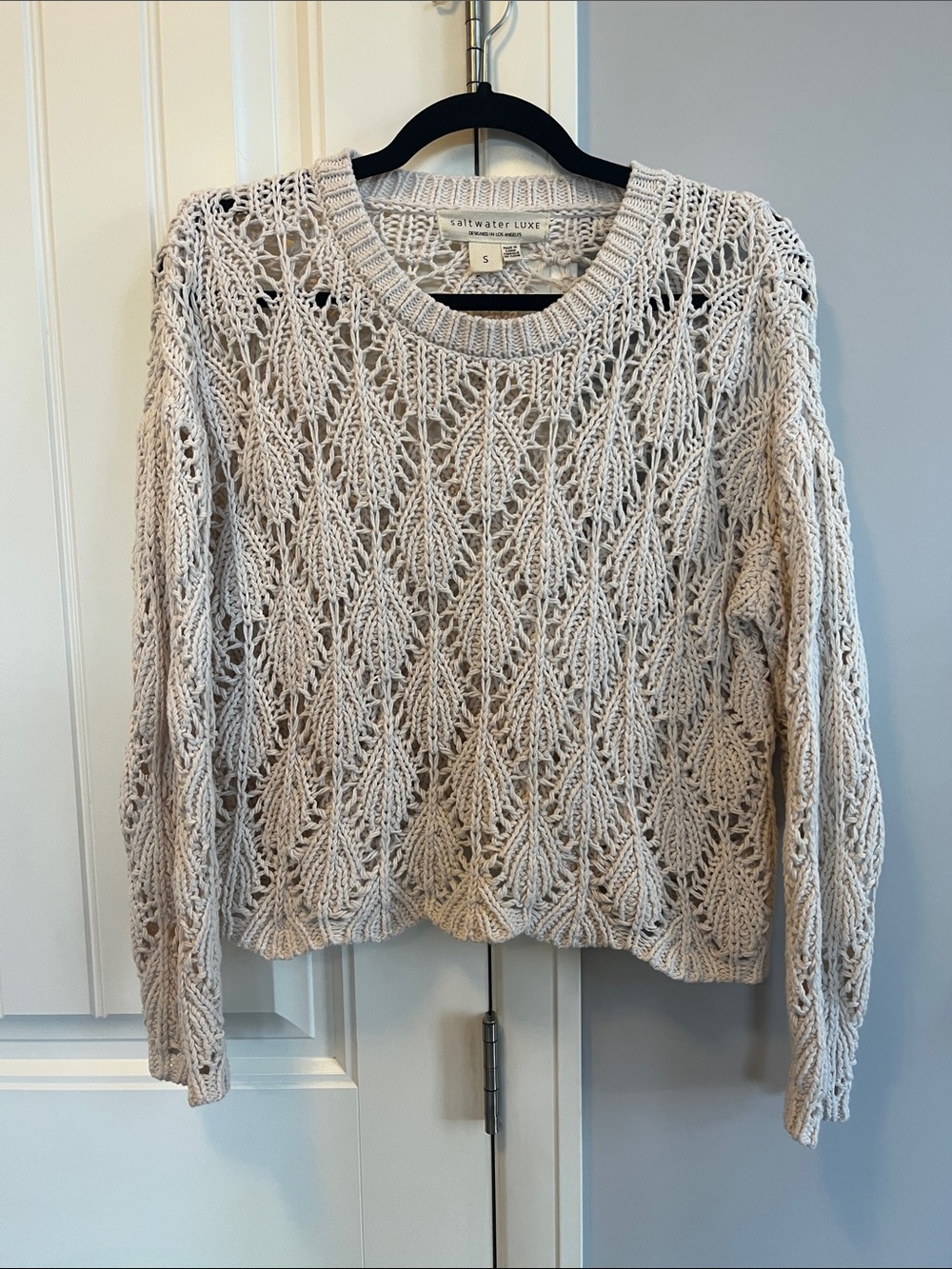 Saltwater Luxe Cream Open Knit Pointelle Leaf Crochet Pullover Sweater S